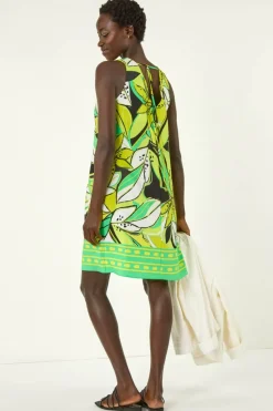 Roman Lime Tropical Leaf Border Shift Dress
