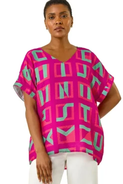 Roman Magenta Geometric Print V-Neck Top
