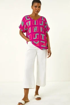 Roman Magenta Geometric Print V-Neck Top
