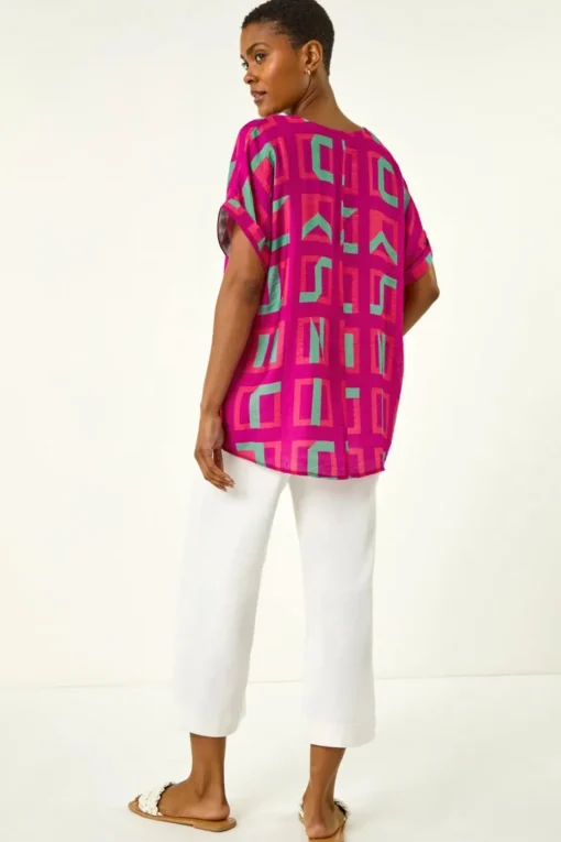 Roman Magenta Geometric Print V-Neck Top