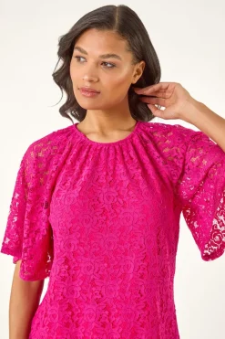 Roman Magenta Lace Angel Sleeve Stretch Top