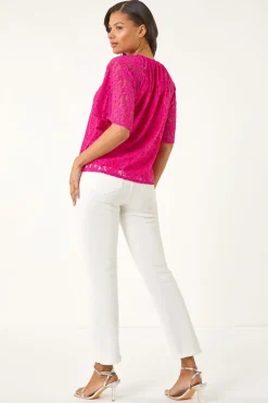 Roman Magenta Lace Angel Sleeve Stretch Top