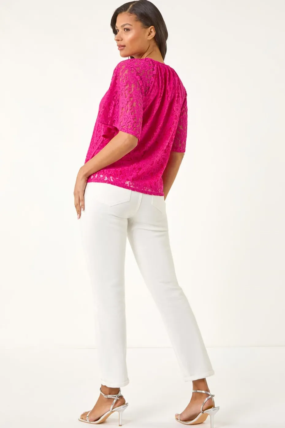 Roman Magenta Lace Angel Sleeve Stretch Top