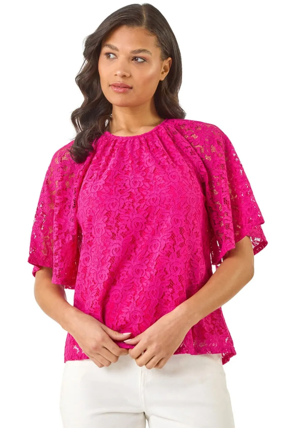 Roman Magenta Lace Angel Sleeve Stretch Top