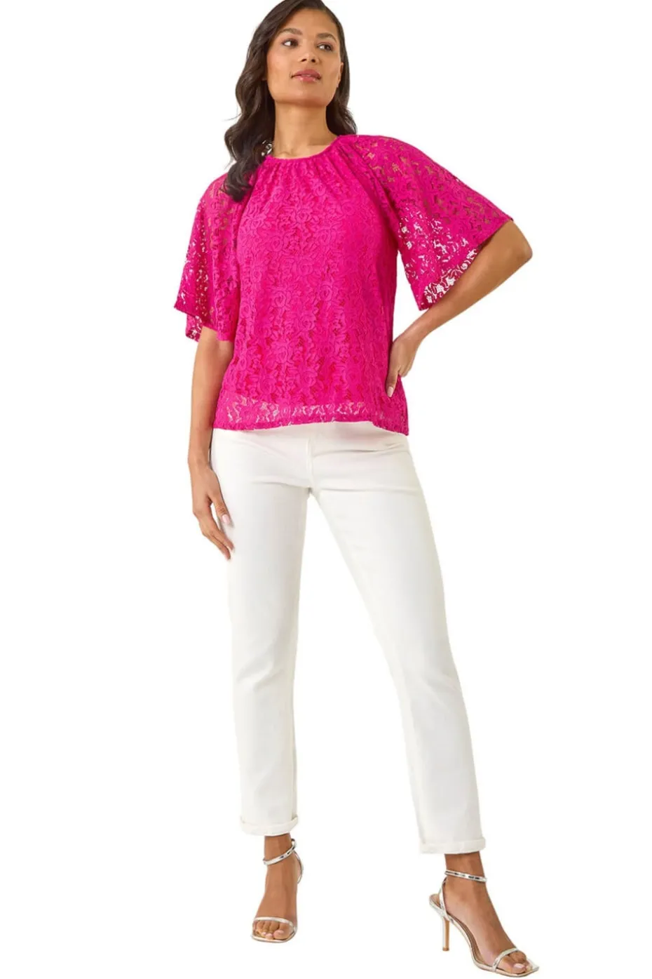 Roman Magenta Lace Angel Sleeve Stretch Top