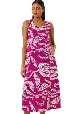 Roman Magenta Leaf Print Shift Midi Dress