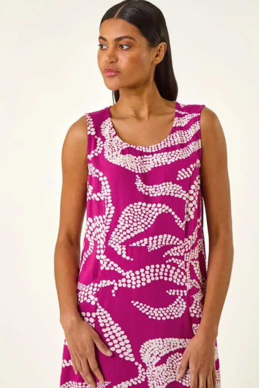 Roman Magenta Leaf Print Shift Midi Dress