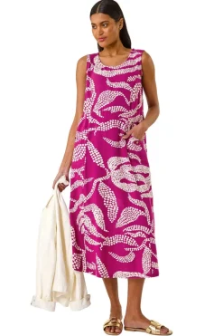 Roman Magenta Leaf Print Shift Midi Dress