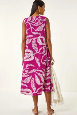 Roman Magenta Leaf Print Shift Midi Dress