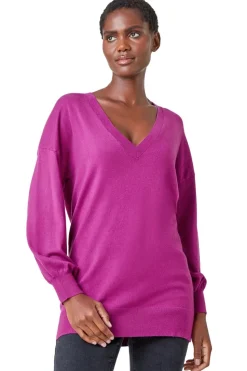 Roman Magenta Stretch V-Neck Longline Jumper