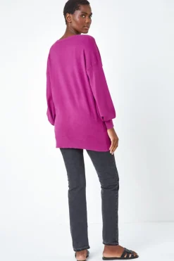 Roman Magenta Stretch V-Neck Longline Jumper