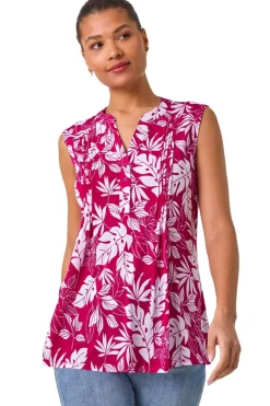 Roman Magenta Textured Leaf Print Vest Top