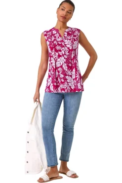 Roman Magenta Textured Leaf Print Vest Top