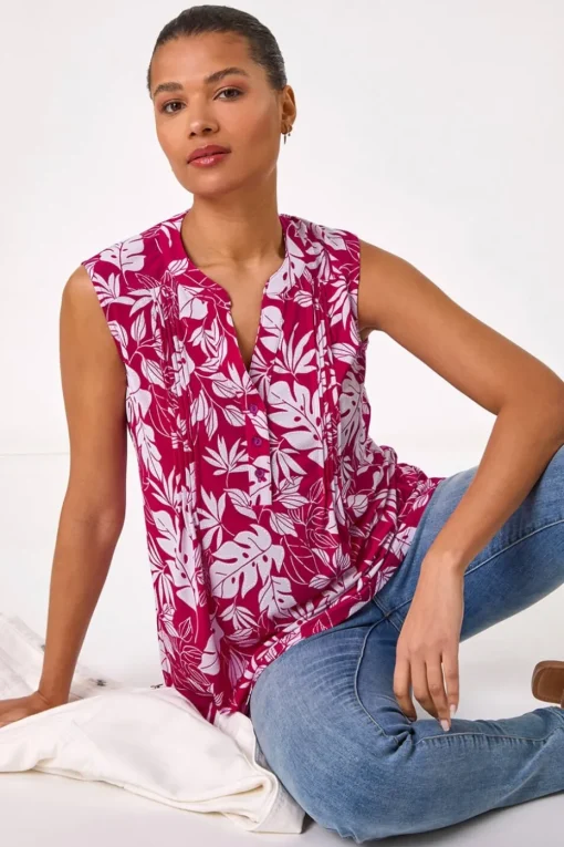 Roman Magenta Textured Leaf Print Vest Top