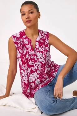 Roman Magenta Textured Leaf Print Vest Top
