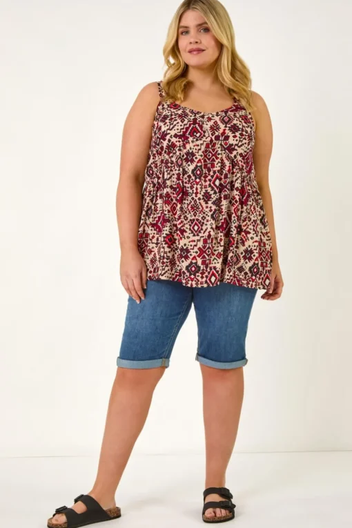 Roman Maroon Curve Ikat Print Vest Top
