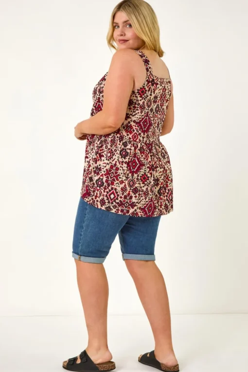 Roman Maroon Curve Ikat Print Vest Top