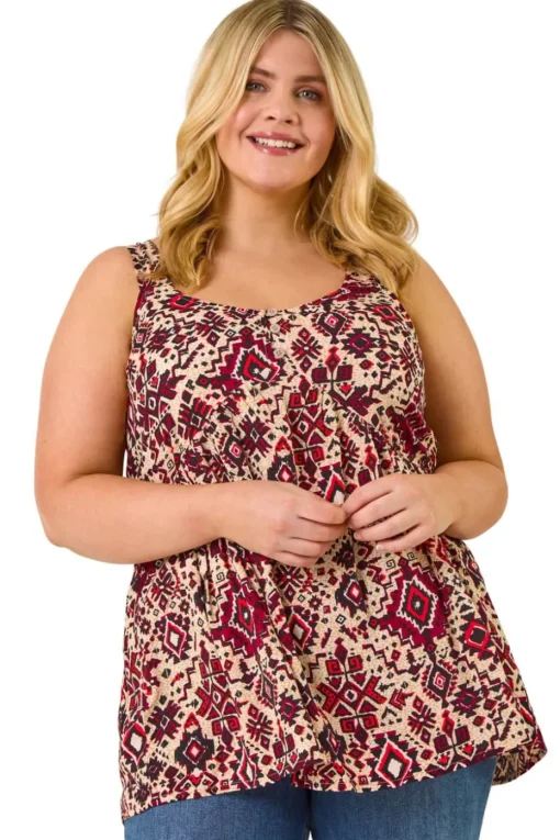 Roman Maroon Curve Ikat Print Vest Top