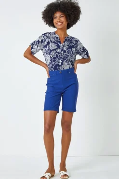 Roman Midnight Blue Elastic Waist Turn Up Stretch Shorts