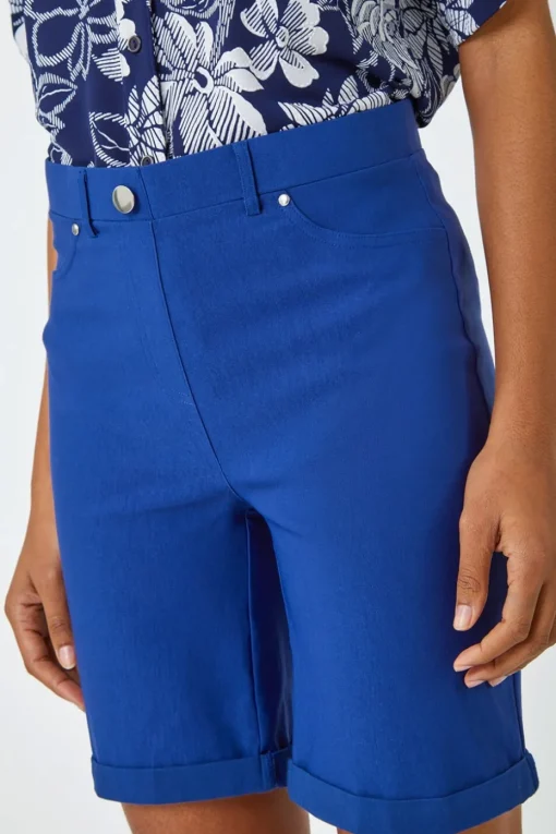 Roman Midnight Blue Elastic Waist Turn Up Stretch Shorts