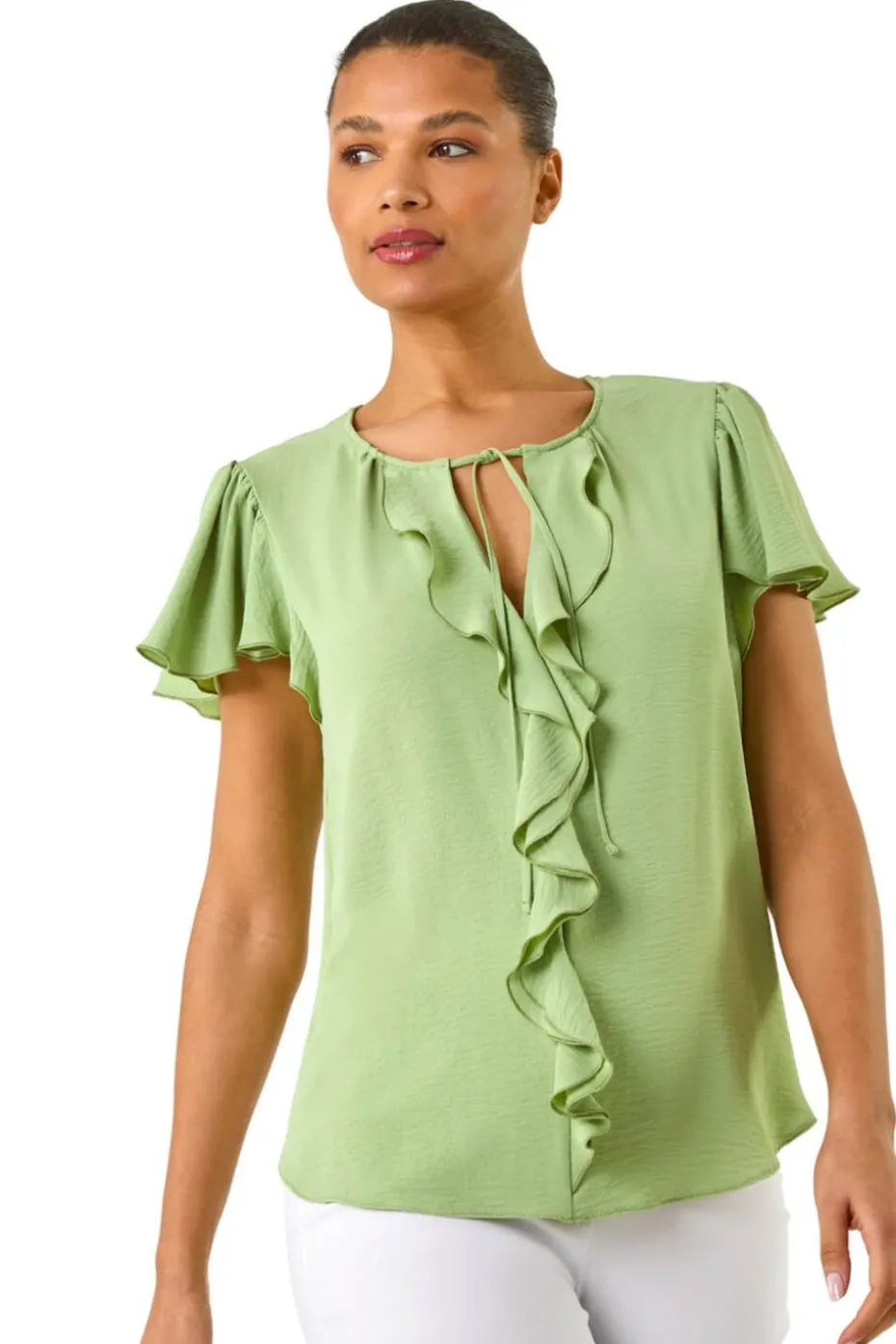 Roman Mint Frilled Sleeve Tie Front Top