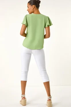 Roman Mint Frilled Sleeve Tie Front Top