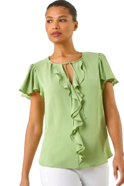 Roman Mint Frilled Sleeve Tie Front Top