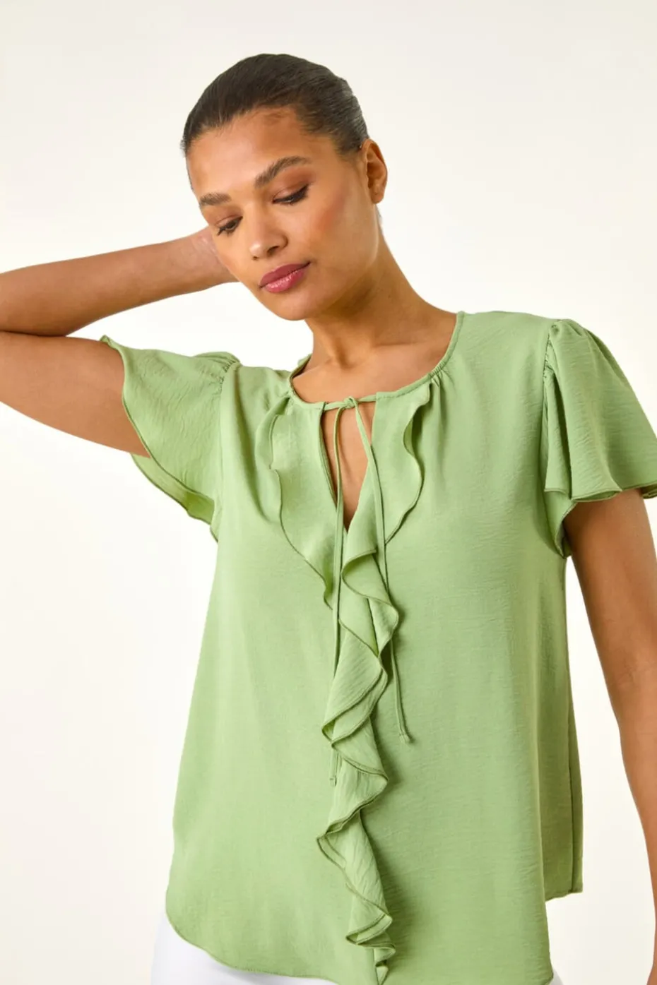 Roman Mint Frilled Sleeve Tie Front Top
