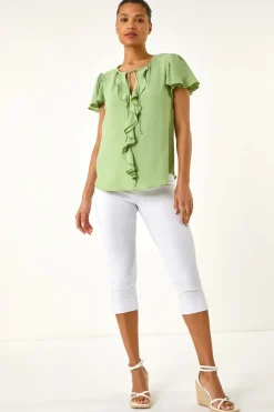 Roman Mint Frilled Sleeve Tie Front Top