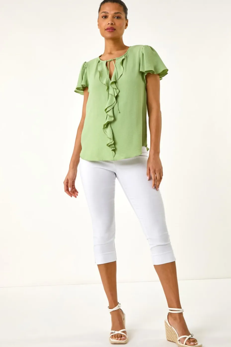 Roman Mint Frilled Sleeve Tie Front Top