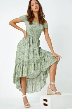 Roman Mint Leaf Print Shirred Bardot Dress