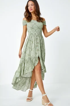 Roman Mint Leaf Print Shirred Bardot Dress