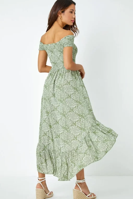 Roman Mint Leaf Print Shirred Bardot Dress