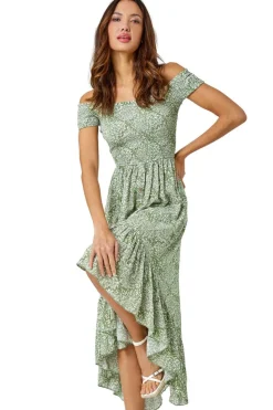 Roman Mint Leaf Print Shirred Bardot Dress