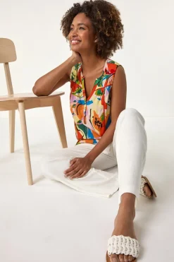 Roman Multi Abstract Print V-Neck Button Top