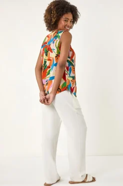 Roman Multi Abstract Print V-Neck Button Top