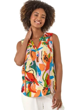 Roman Multi Abstract Print V-Neck Button Top