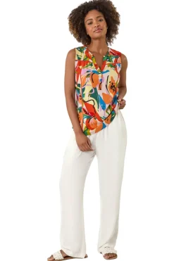 Roman Multi Abstract Print V-Neck Button Top