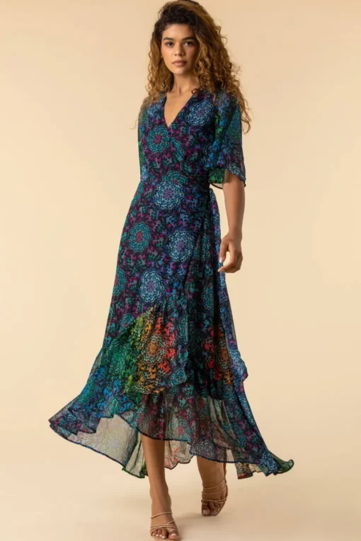 Roman Multi Abstract Print Maxi Wrap Dress