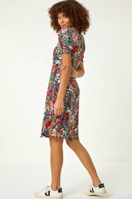 Roman Multi Floral Print Ruched Stretch Dress