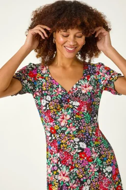 Roman Multi Floral Print Ruched Stretch Dress