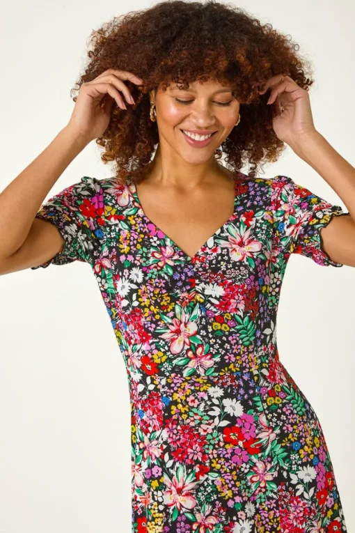 Roman Multi Floral Print Ruched Stretch Dress