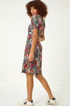 Roman Multi Floral Print Ruched Stretch Dress