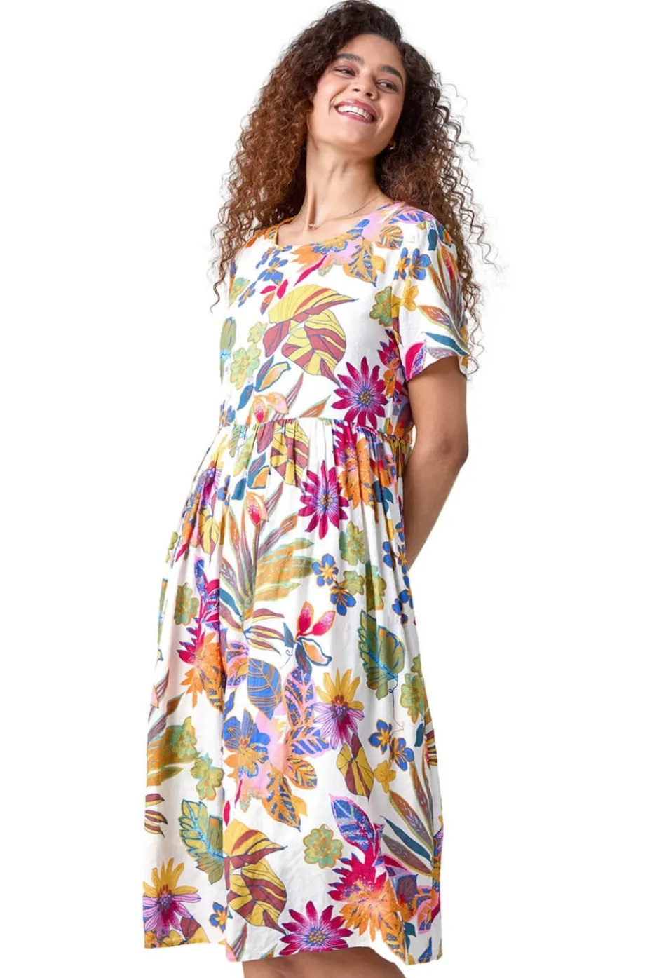 Roman Multi Floral Print Cotton Midi Dress