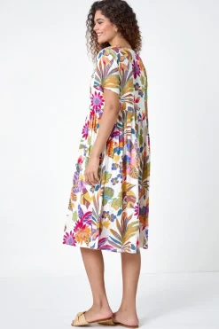 Roman Multi Floral Print Cotton Midi Dress
