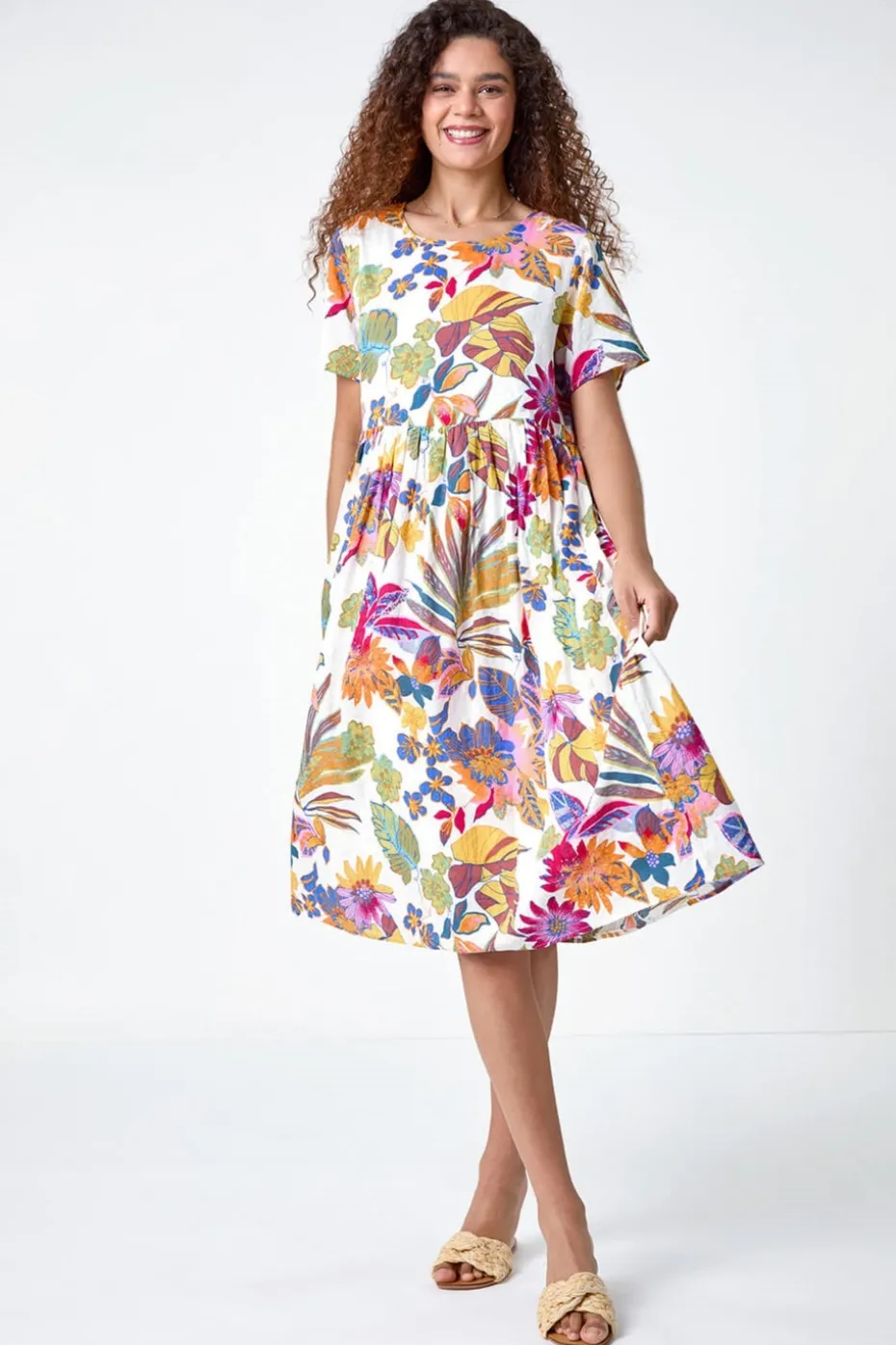 Roman Multi Floral Print Cotton Midi Dress