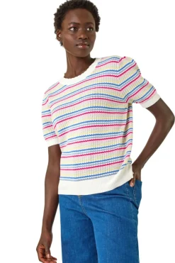 Roman Multi Scallop Edge Stripe Knit Top