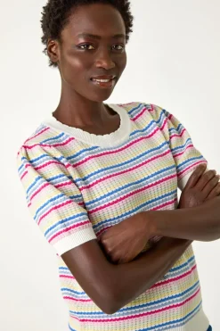 Roman Multi Scallop Edge Stripe Knit Top