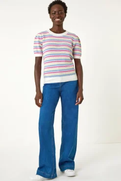 Roman Multi Scallop Edge Stripe Knit Top