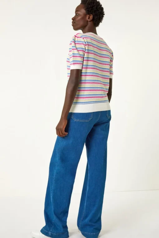 Roman Multi Scallop Edge Stripe Knit Top